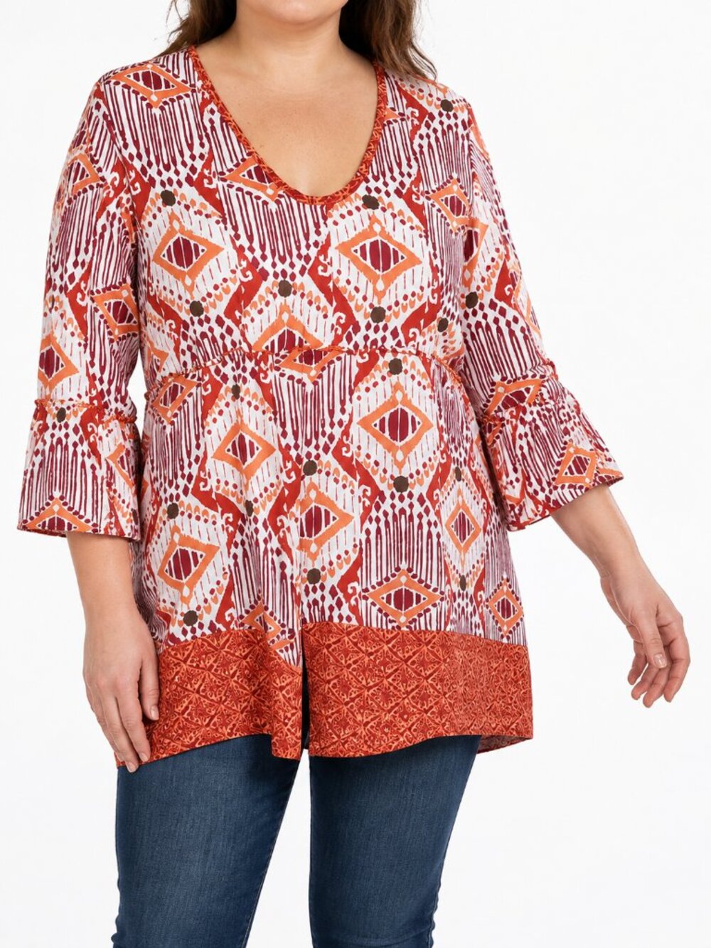Oleg Cassini Sport Orange Cream Boho Cinch Waist Linen Tunic Blouse Size XL